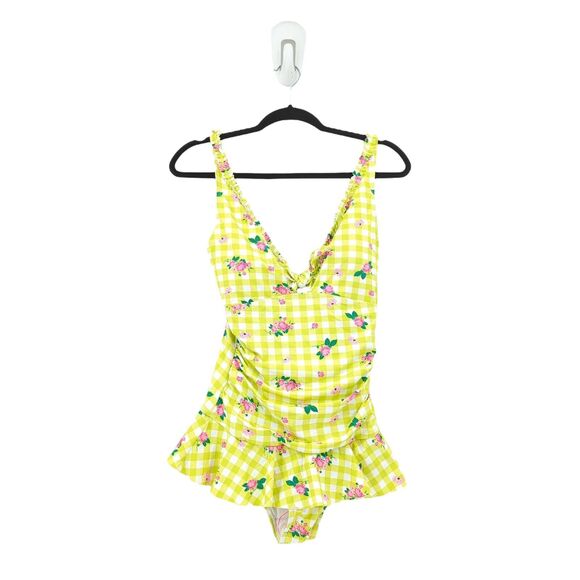 Betsey Johnson Women M Skirted Swimsuit Green White Gingham Plaid Floral 1 Piece - Picture 2 of 11